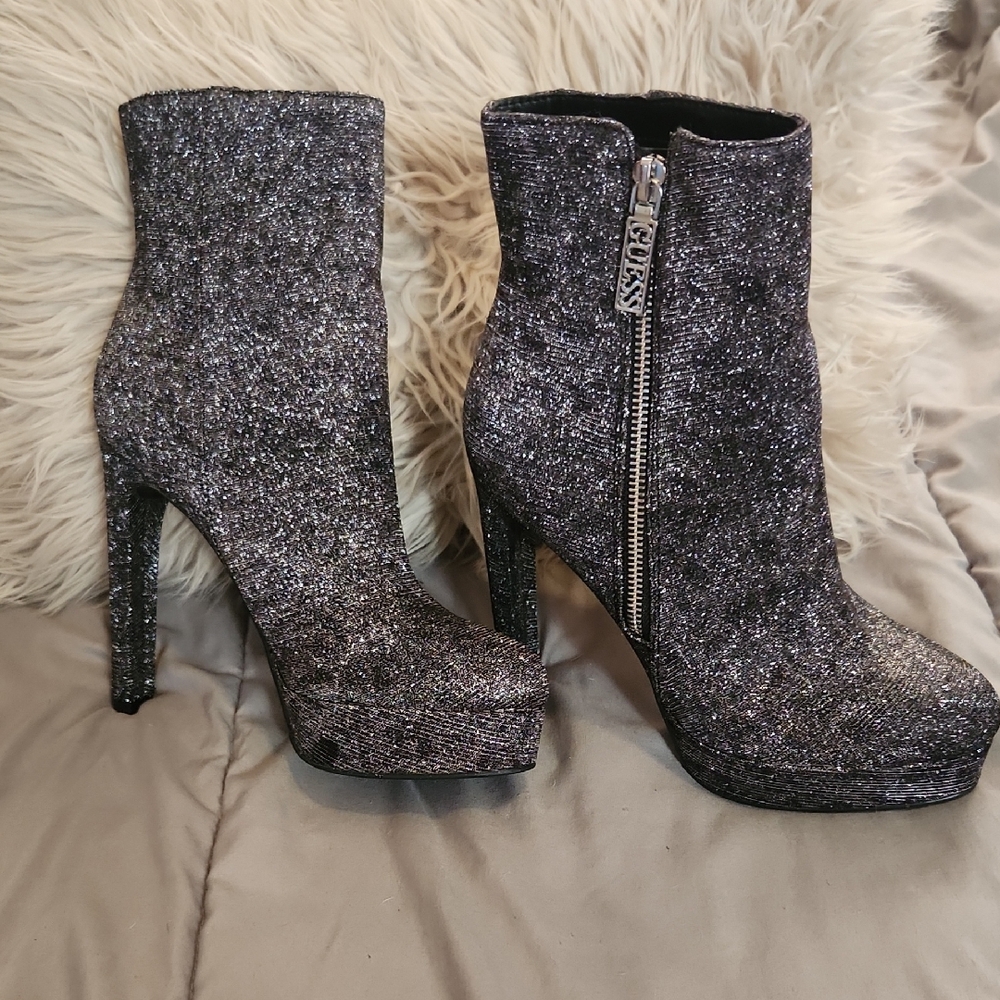 Guess Silver Shimmer Heeled Boots